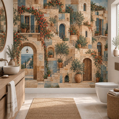 Mediterranean Village Wall Mural with Stone Arches and Sea View