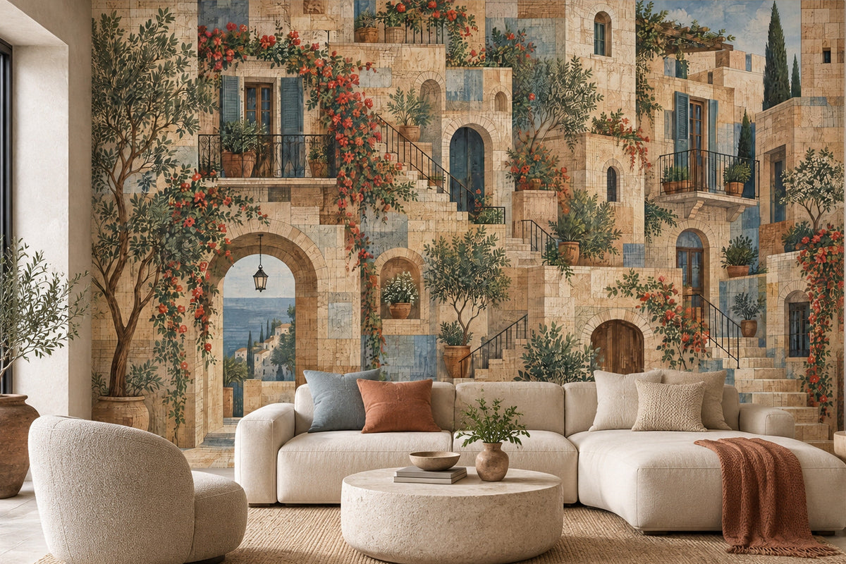 Mediterranean Village Wall Mural with Stone Arches and Sea View
