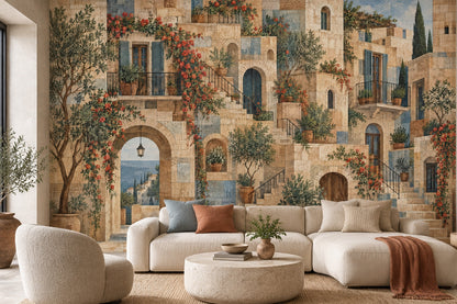 Mediterranean Village Wall Mural with Stone Arches and Sea View