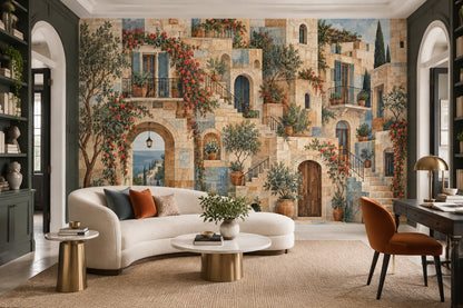 Mediterranean Village Wall Mural with Stone Arches and Sea View