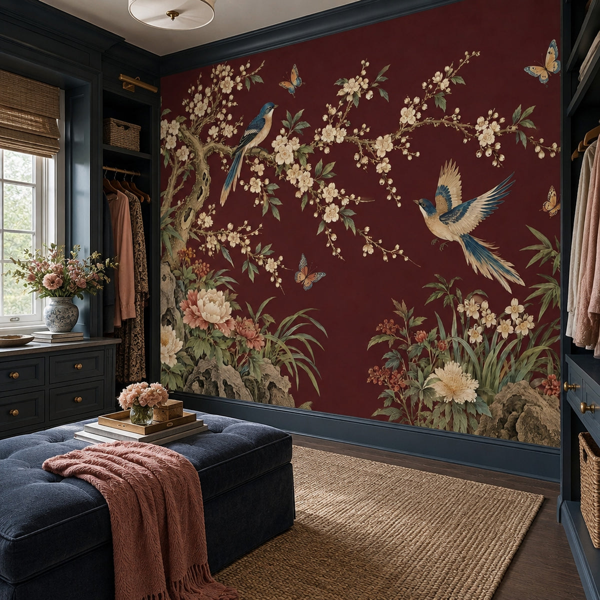 Burgundy Chinoiserie Wall Mural with Birds and Blossoms
