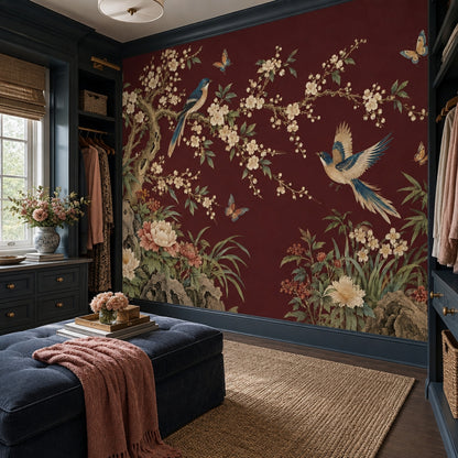 Burgundy Chinoiserie Wall Mural with Birds and Blossoms