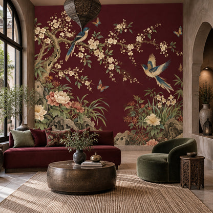 Burgundy Chinoiserie Wall Mural with Birds and Blossoms