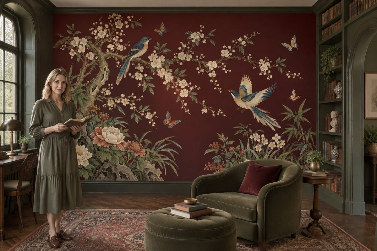 Burgundy Chinoiserie Wall Mural with Birds and Blossoms