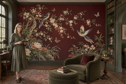 Burgundy Chinoiserie Wall Mural with Birds and Blossoms