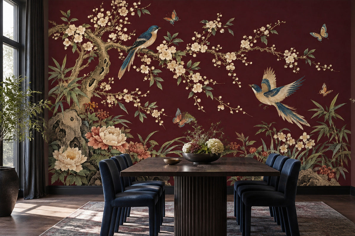 Burgundy Chinoiserie Wall Mural with Birds and Blossoms