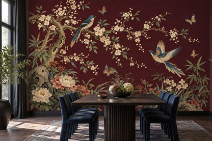 Burgundy Chinoiserie Wall Mural with Birds and Blossoms