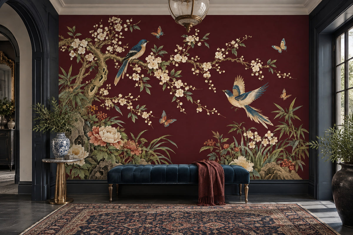 Burgundy Chinoiserie Wall Mural with Birds and Blossoms