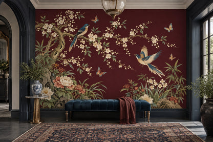 Burgundy Chinoiserie Wall Mural with Birds and Blossoms