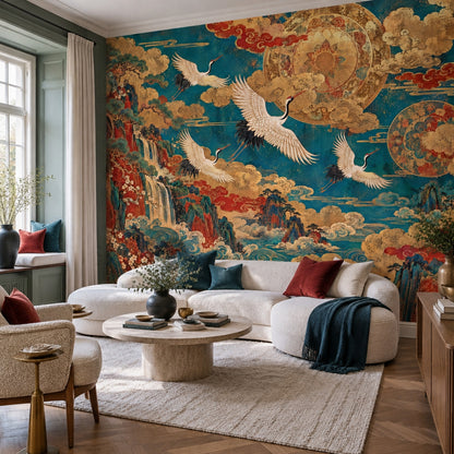 Flying Cranes Wall Mural in Vintage Teal and Gold