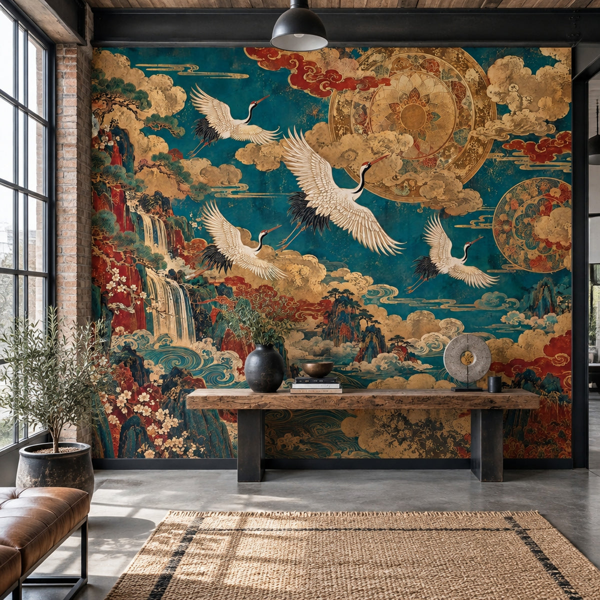 Flying Cranes Wall Mural in Vintage Teal and Gold