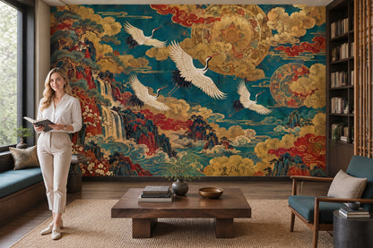 Flying Cranes Wall Mural in Vintage Teal and Gold