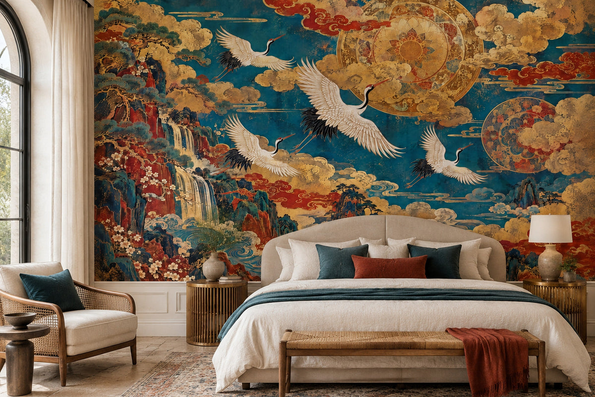 Flying Cranes Wall Mural in Vintage Teal and Gold