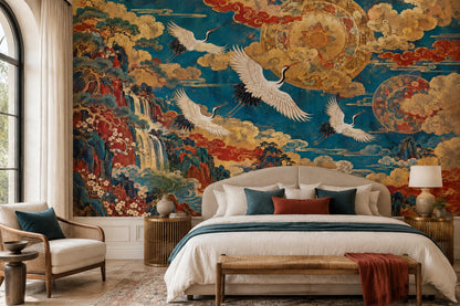 Flying Cranes Wall Mural in Vintage Teal and Gold