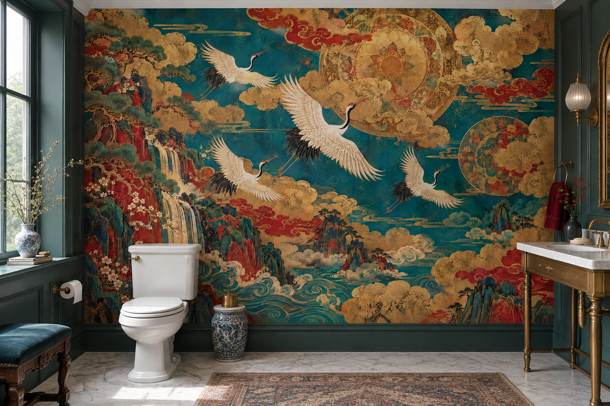 Flying Cranes Wall Mural in Vintage Teal and Gold