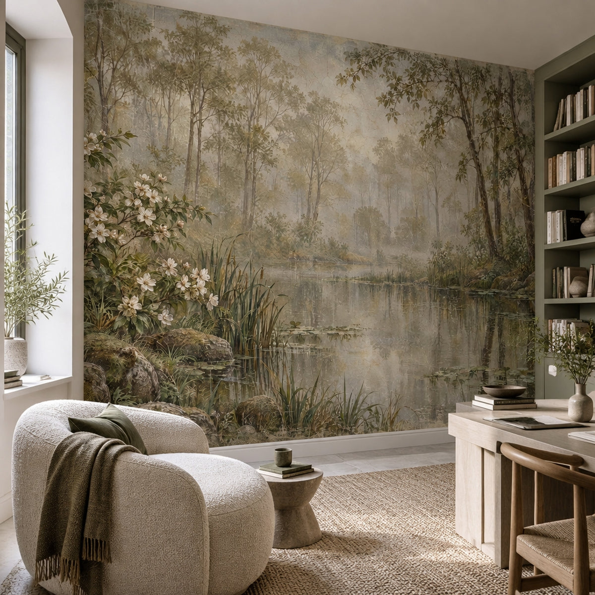Woodland Reflections Wall Mural with Misty Pond and White Blossoms