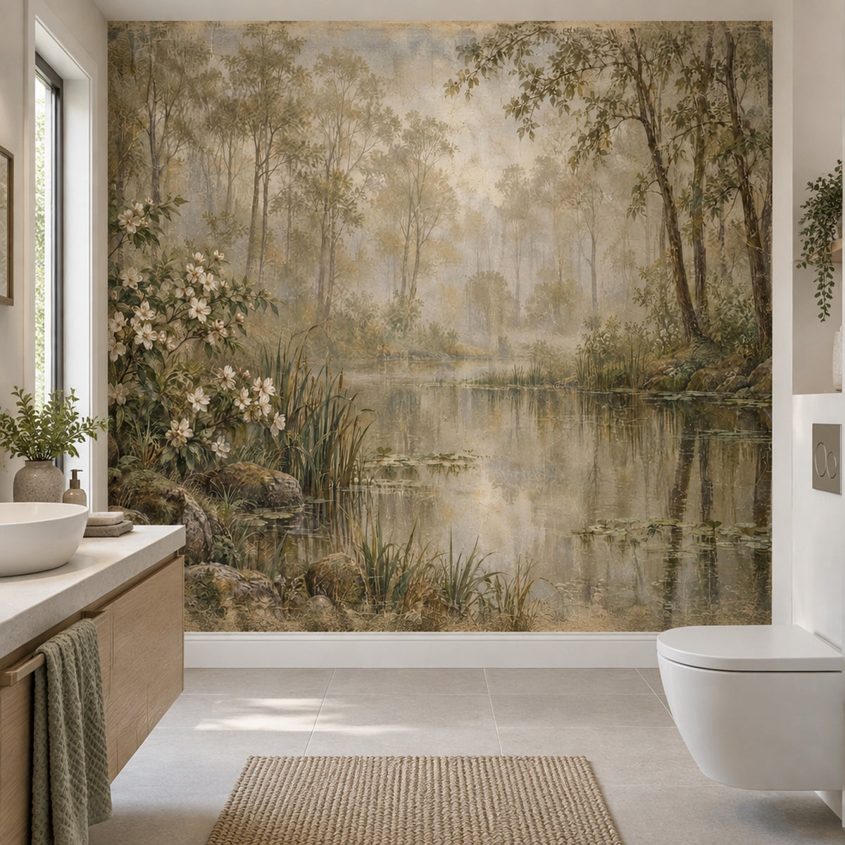 Woodland Reflections Wall Mural with Misty Pond and White Blossoms