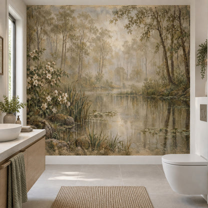 Woodland Reflections Wall Mural with Misty Pond and White Blossoms