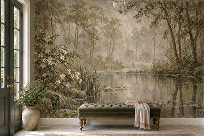 Woodland Reflections Wall Mural with Misty Pond and White Blossoms