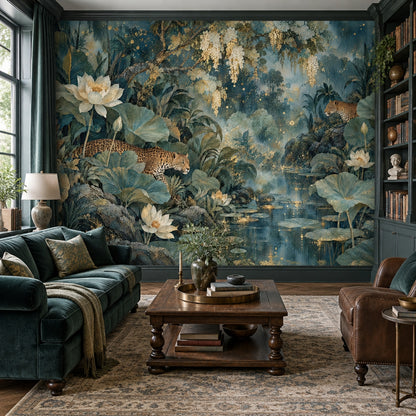 Teal Leopard Jungle Wall Mural with Lotus Flowers