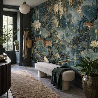 Teal Leopard Jungle Wall Mural with Lotus Flowers