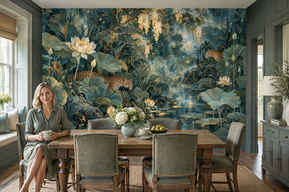Teal Leopard Jungle Wall Mural with Lotus Flowers