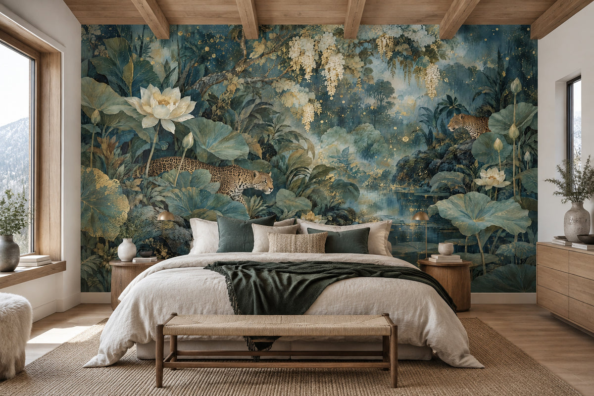 Teal Leopard Jungle Wall Mural with Lotus Flowers