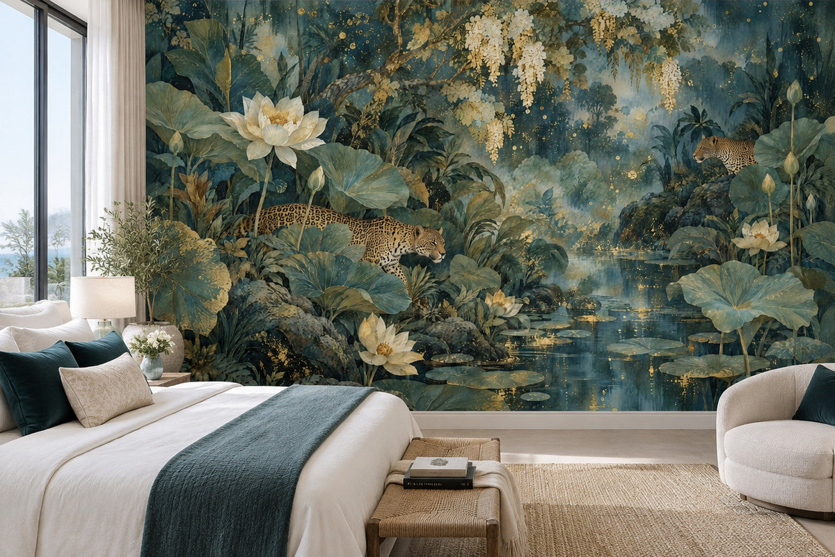 Teal Leopard Jungle Wall Mural with Lotus Flowers