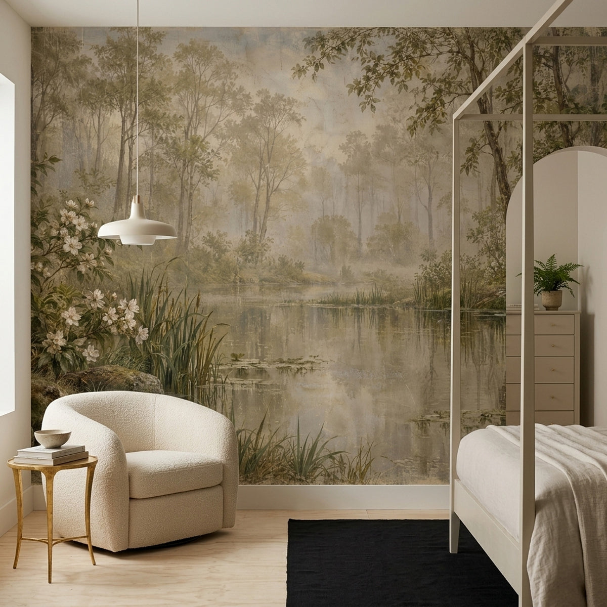 Woodland Reflections Wall Mural with Misty Pond and White Blossoms