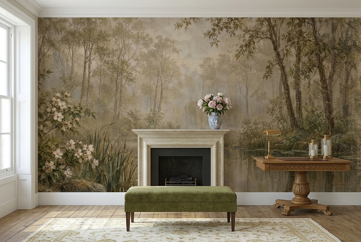 Woodland Reflections Wall Mural with Misty Pond and White Blossoms