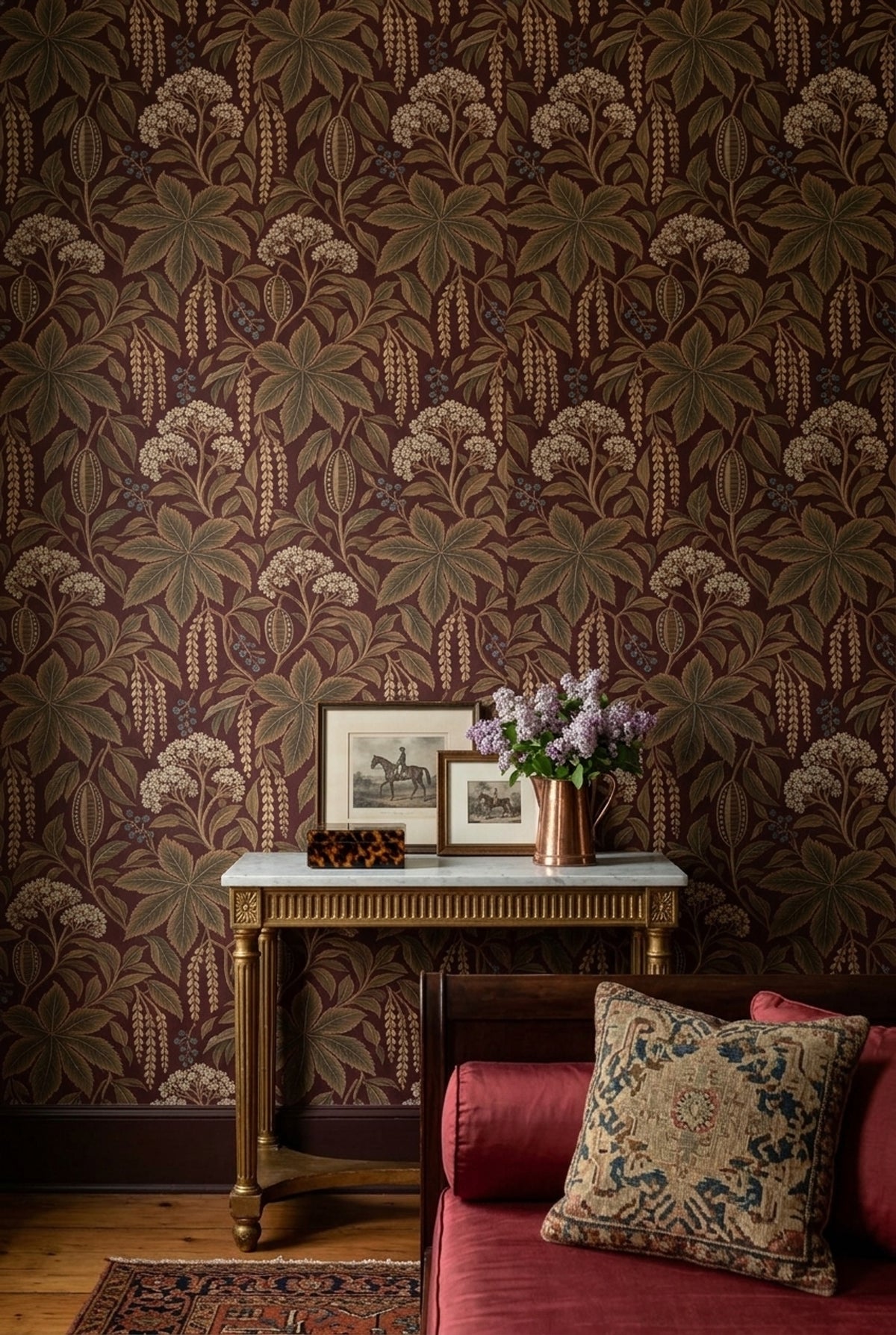 Vintage Botanical Wallpaper in Burgundy with Antique Tapestry Effect