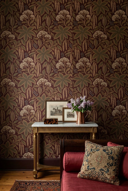 Vintage Botanical Wallpaper in Burgundy with Antique Tapestry Effect