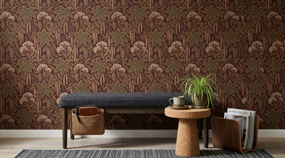 Vintage Botanical Wallpaper in Burgundy with Antique Tapestry Effect
