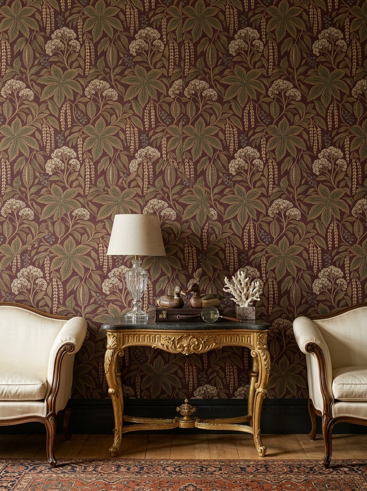 Vintage Botanical Wallpaper in Burgundy with Antique Tapestry Effect