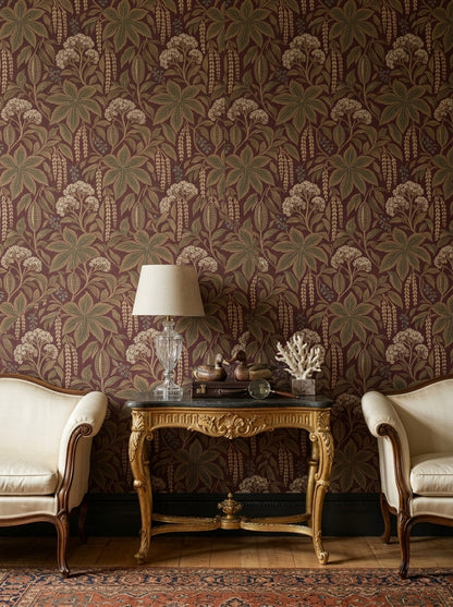 Vintage Botanical Wallpaper in Burgundy with Antique Tapestry Effect