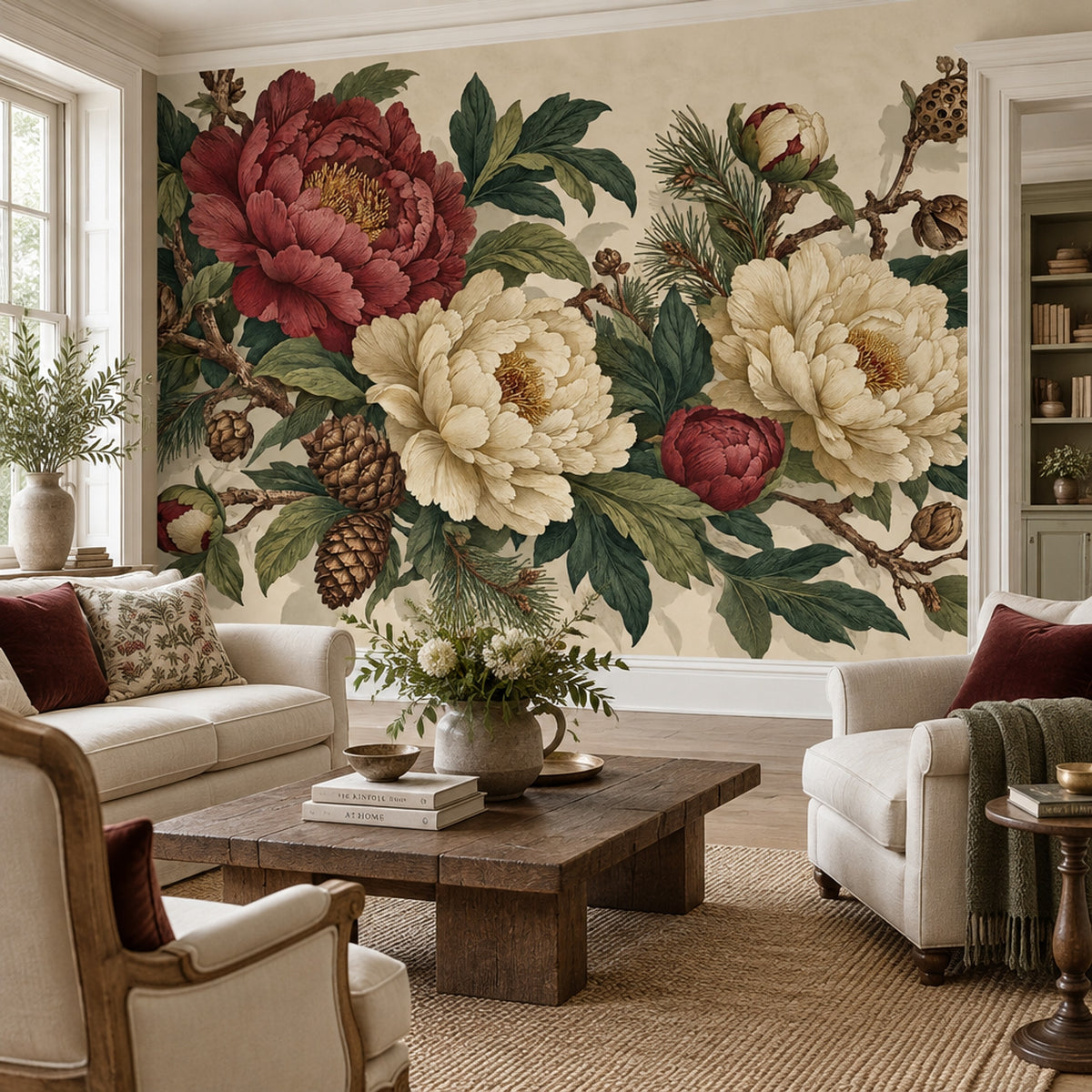 Burgundy and Ivory Peony Wall Mural with Pine Cones