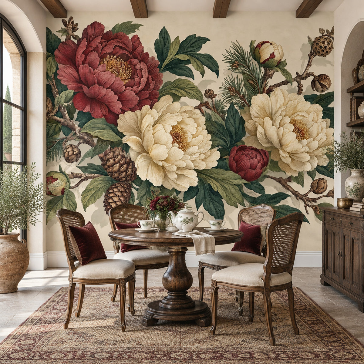 Burgundy and Ivory Peony Wall Mural with Pine Cones