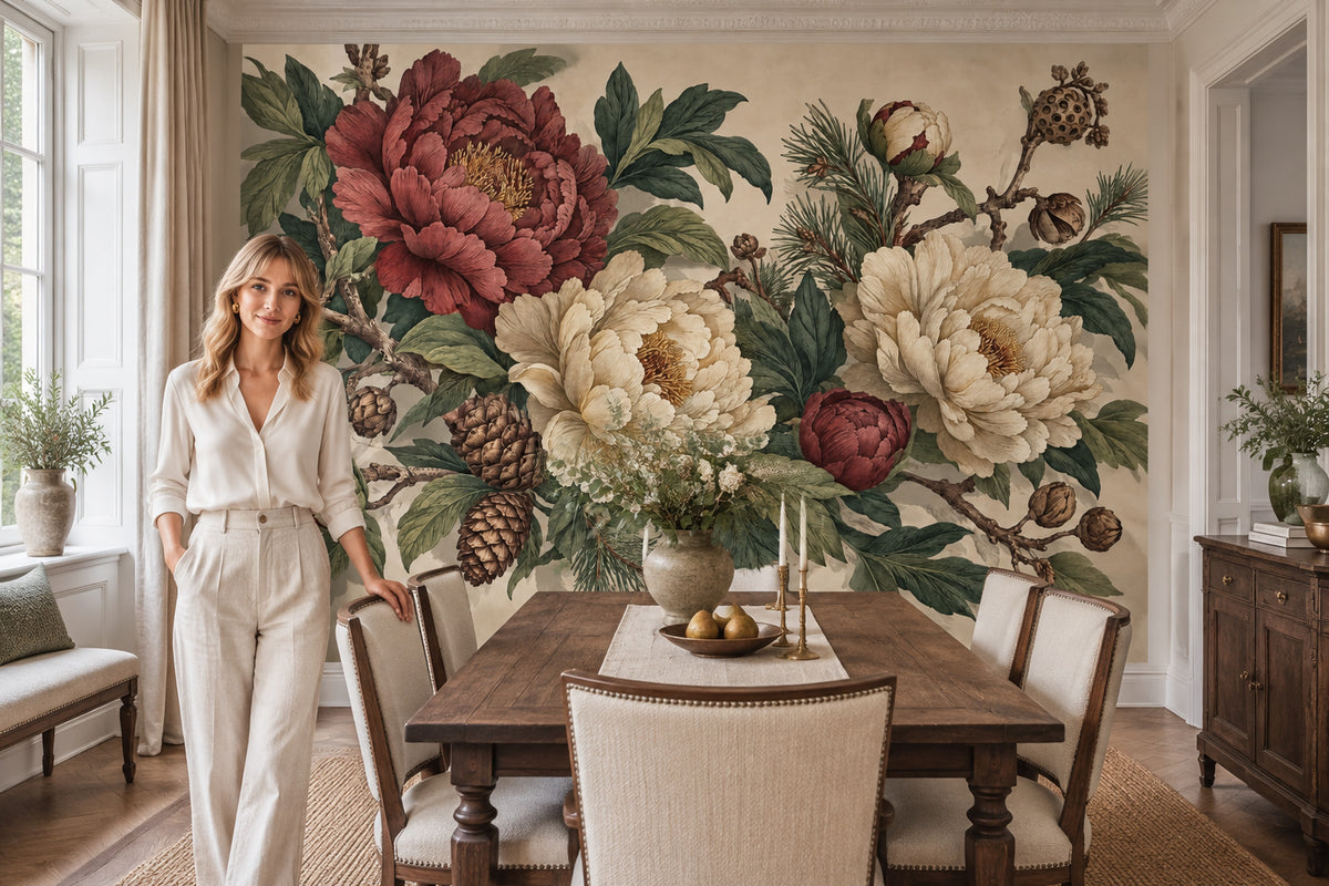 Burgundy and Ivory Peony Wall Mural with Pine Cones