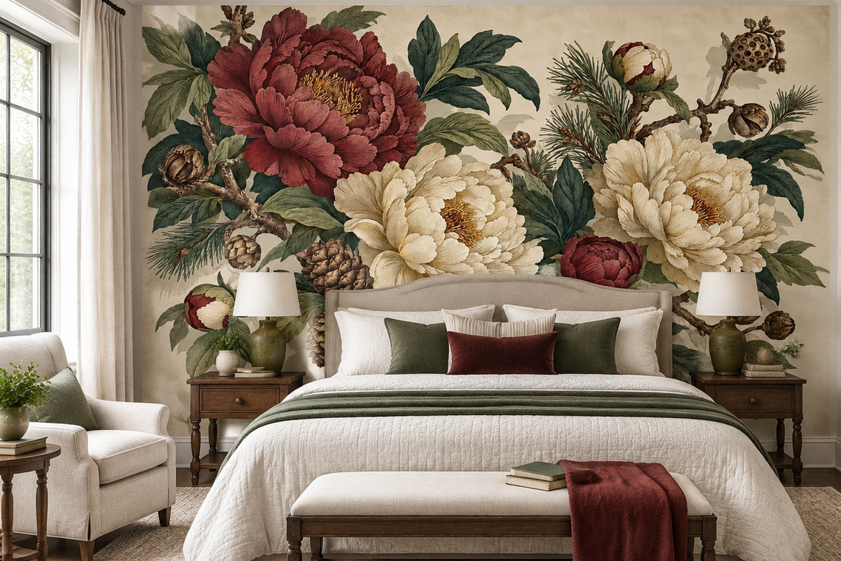 Burgundy and Ivory Peony Wall Mural with Pine Cones