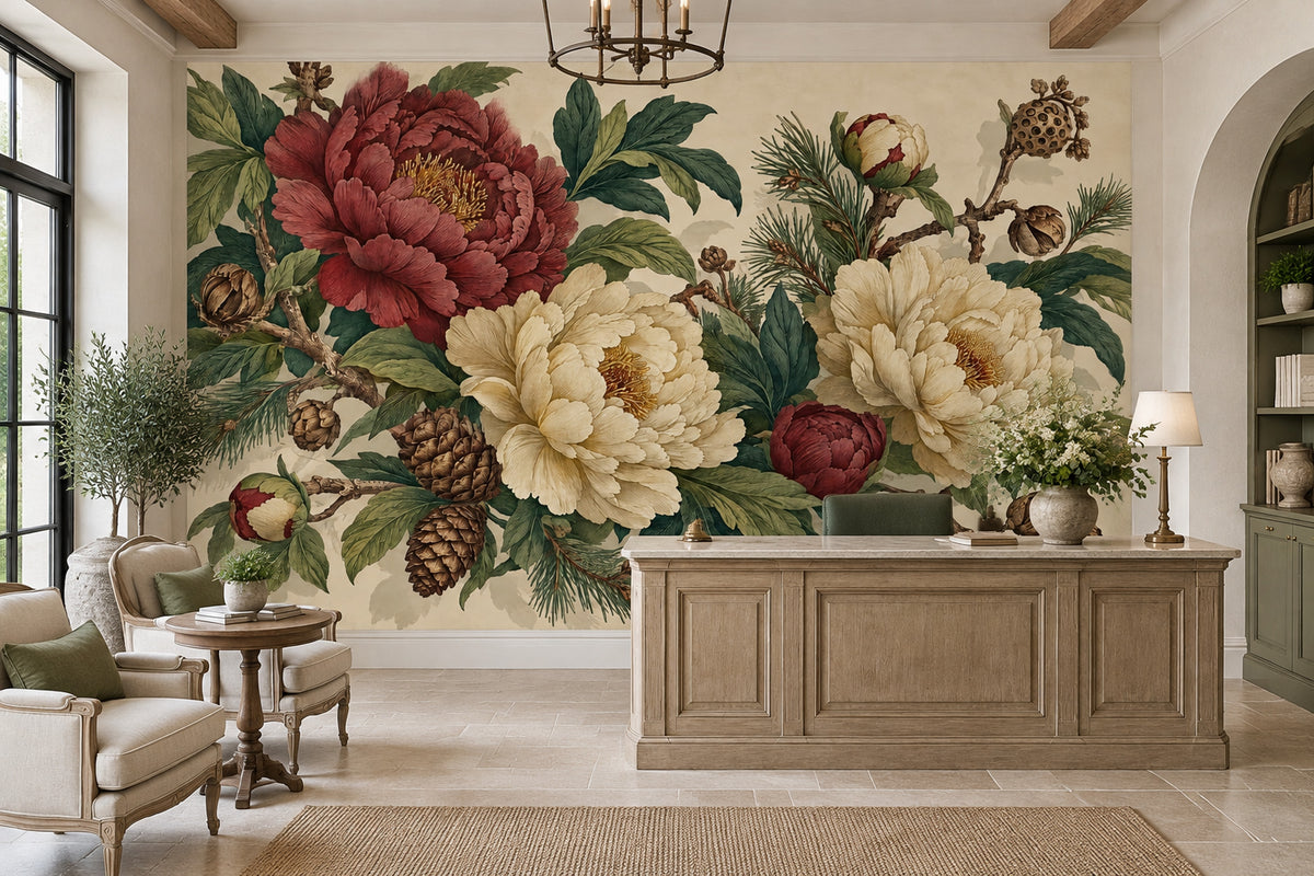 Burgundy and Ivory Peony Wall Mural with Pine Cones