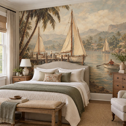 Vintage Tropical Harbor Wall Mural with Sailboats and Palm Trees