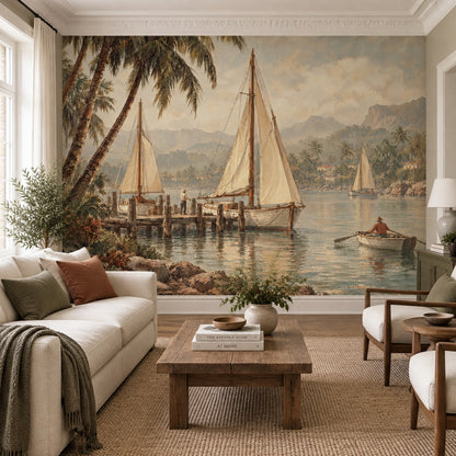Vintage Tropical Harbor Wall Mural with Sailboats and Palm Trees
