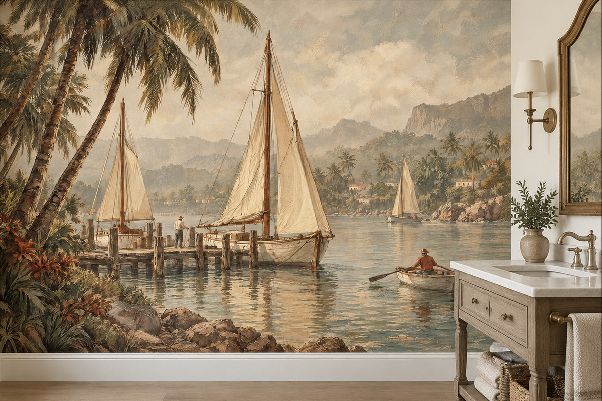 Vintage Tropical Harbor Wall Mural with Sailboats and Palm Trees