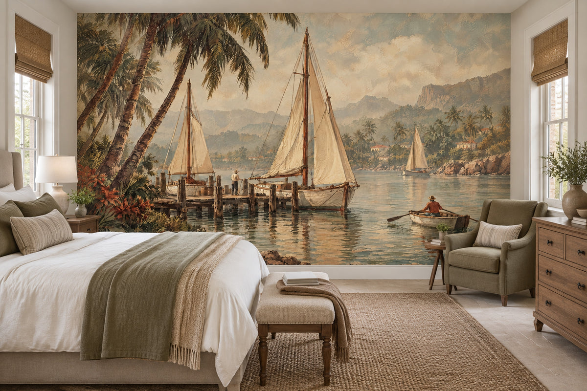 Vintage Tropical Harbor Wall Mural with Sailboats and Palm Trees