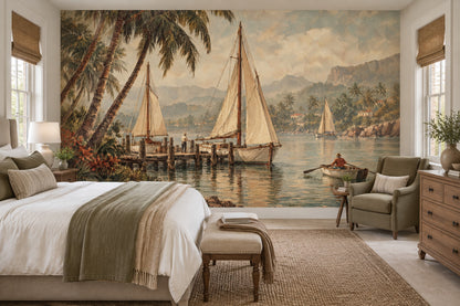 Vintage Tropical Harbor Wall Mural with Sailboats and Palm Trees