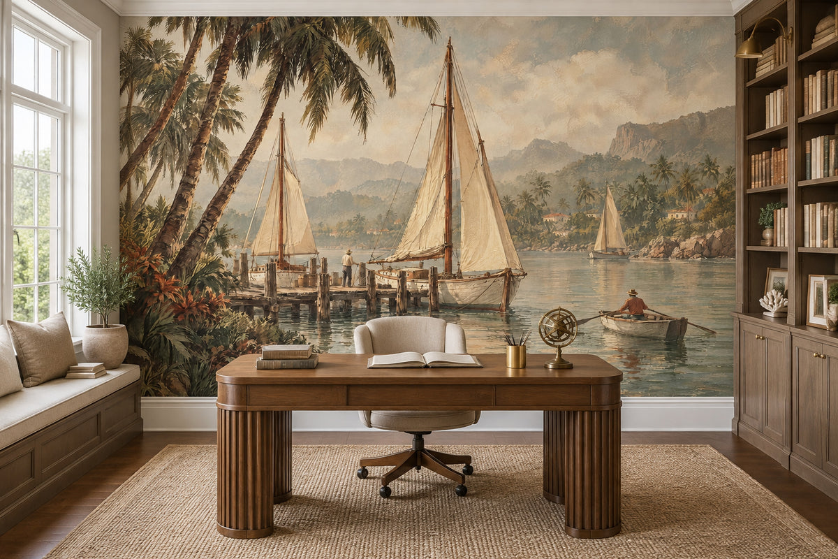 Vintage Tropical Harbor Wall Mural with Sailboats and Palm Trees