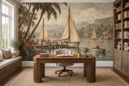 Vintage Tropical Harbor Wall Mural with Sailboats and Palm Trees