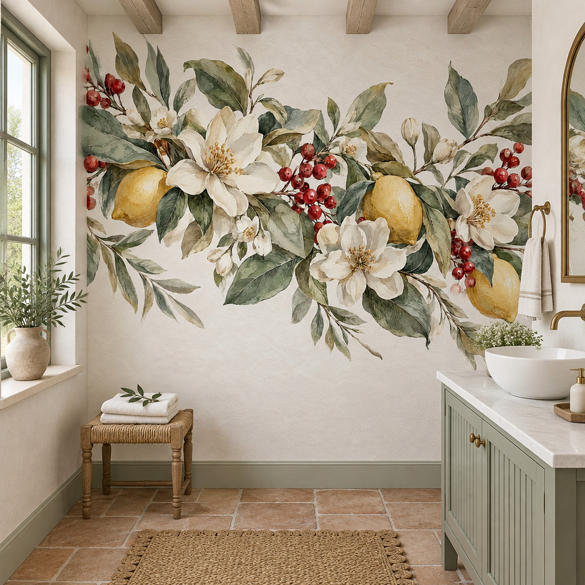 Lemon Botanical Wallpaper Watercolor Floral Wall Mural