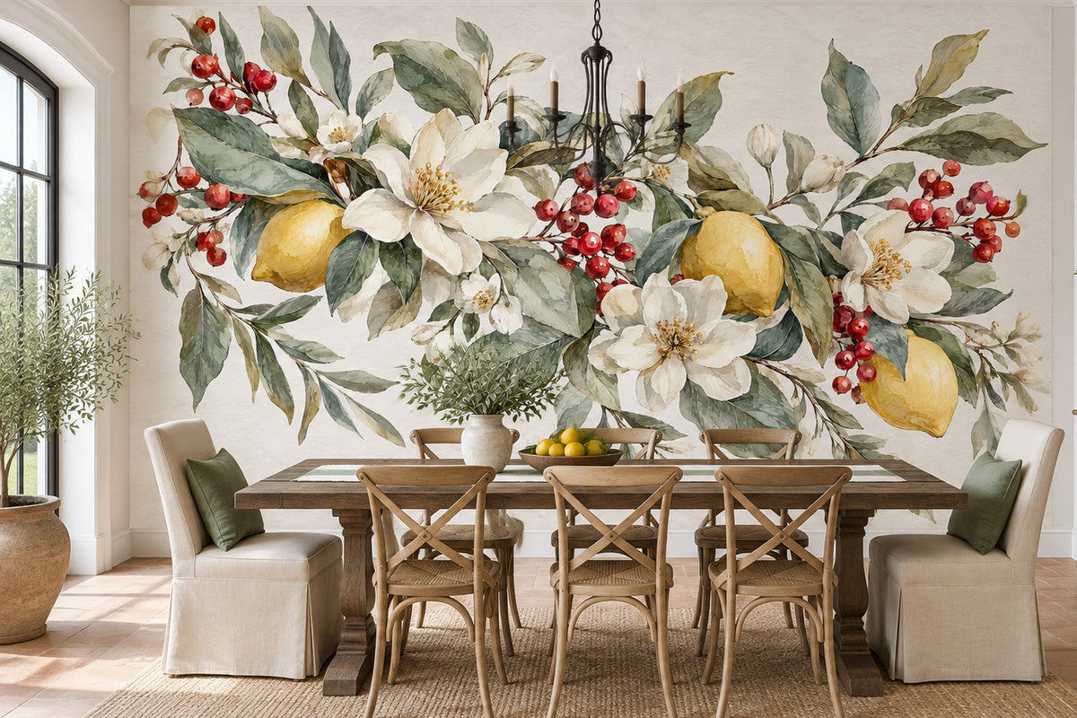 Lemon Botanical Wallpaper Watercolor Floral Wall Mural