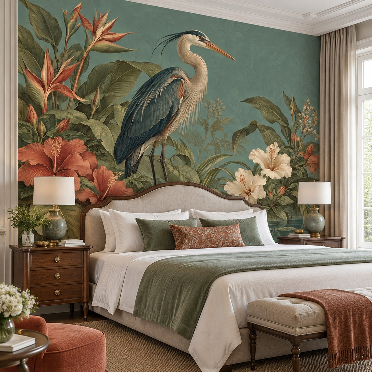 Heron Pond Wallpaper Tropical Botanical Wall Mural